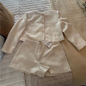 Zara Cream Tweed Cropped Blazer and Matching Shorts
